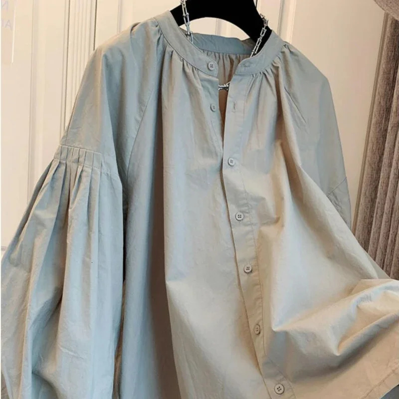 Oversized Vintage Blouses Puff Sleeve Solid Color Button Cardigan Shirts Spring Casual Loose French Elegant All Match Women Tops 241218