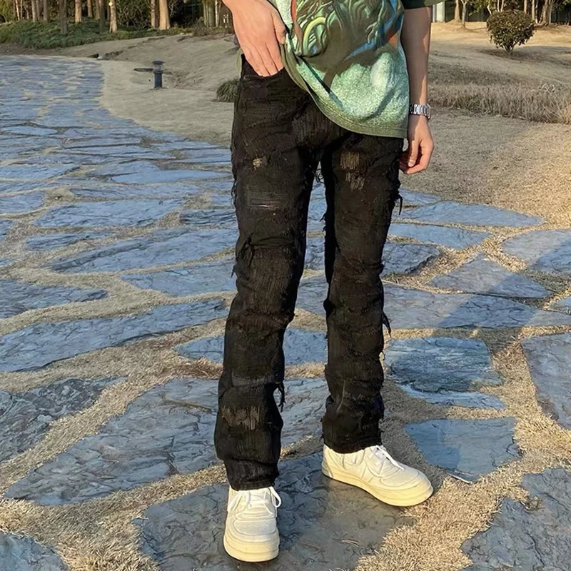High Street Hole Distressed Ripped Straight Baggy Jeans for Men Washed Patchwork Casual Cargo Pants Oversized Denim Trousers 241218