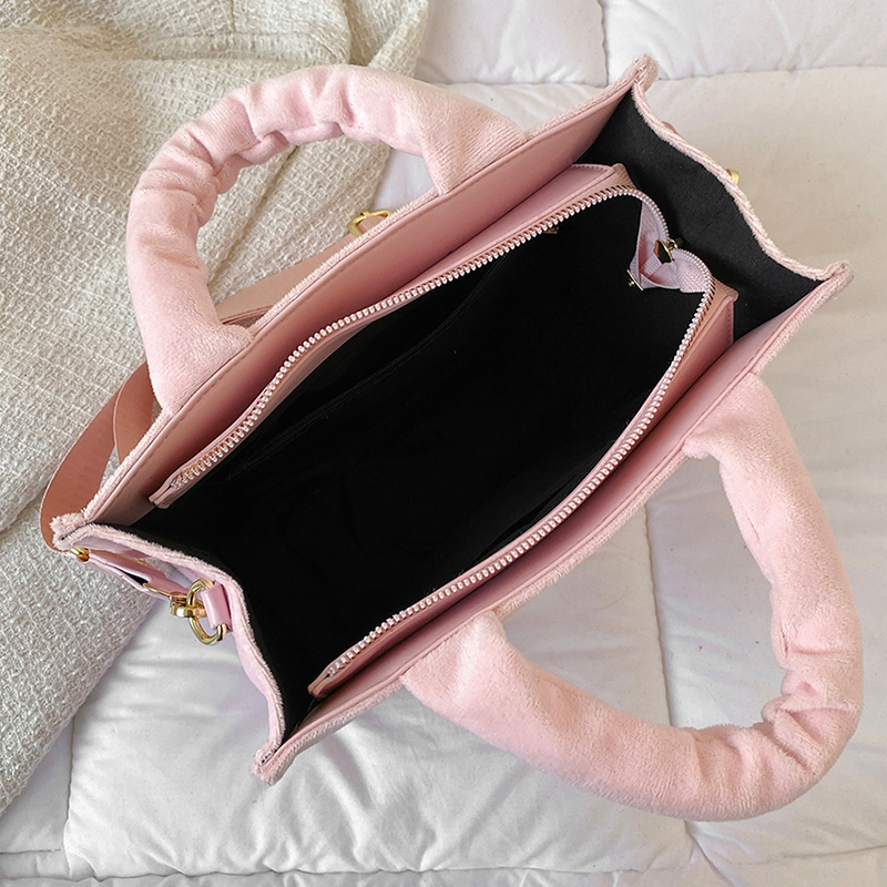 Women's Velour Pink Tote Bag Original Letter Print Medium Ladys Leisure Shopper Handbag Female Square Stylish Soft Shoulder Bags