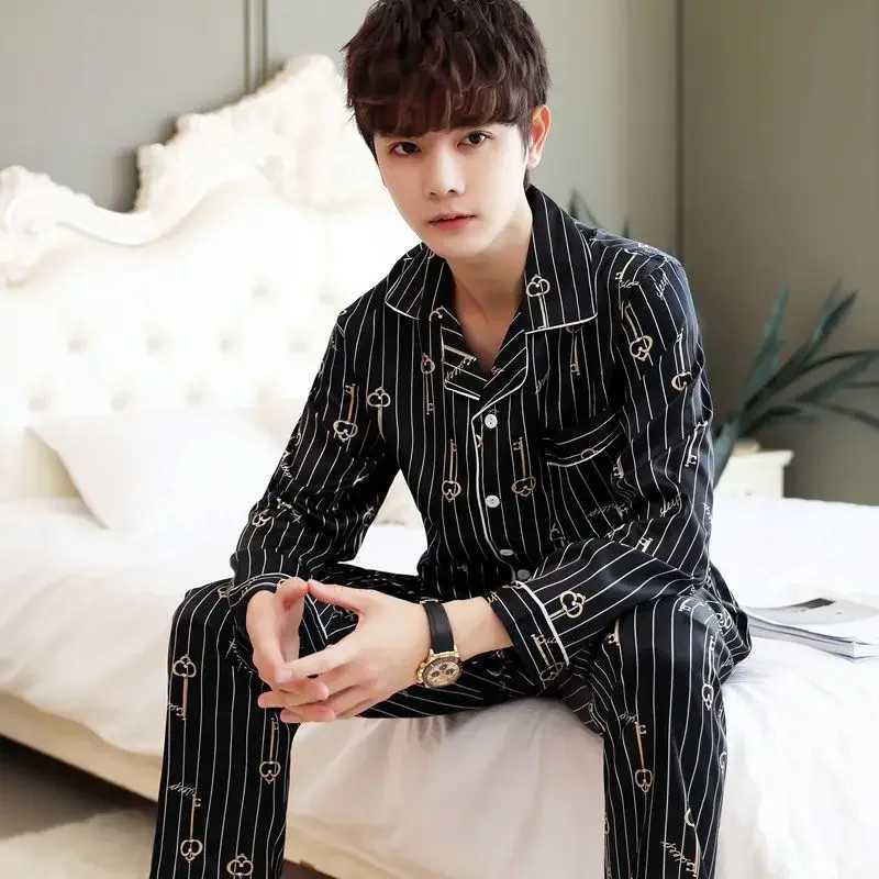 Luxury brand silk sleepwear mens long sleeved button up shirt long pants sleepwear set home casual wear Korean style loose sleepwear new W241221
