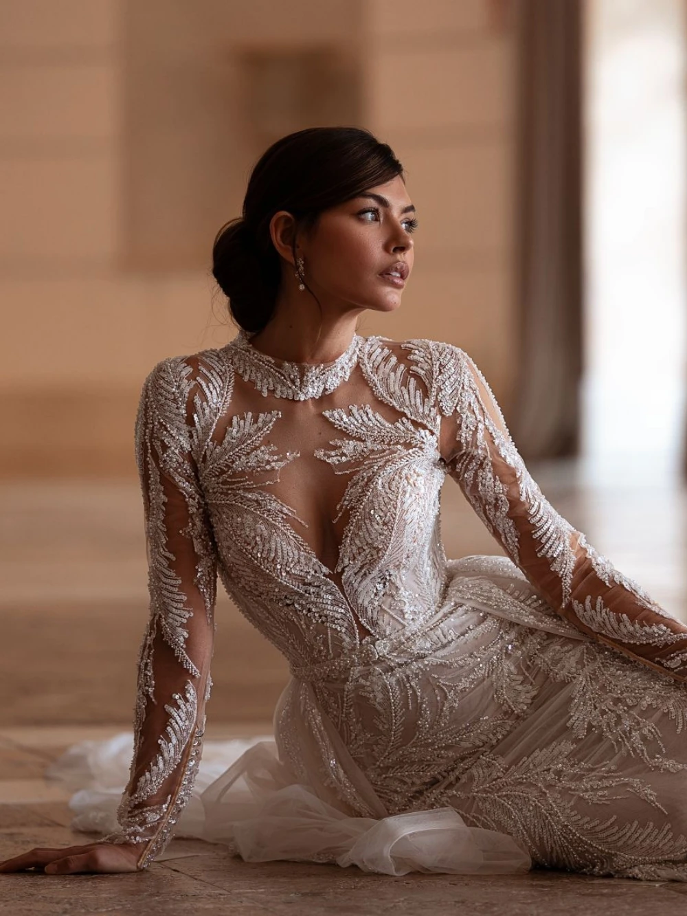 Classic Mermaid Wedding Dresses For Women Jewel Neck Long Sleeves Gown Sequins Appliques Detachable Train Customized Dress