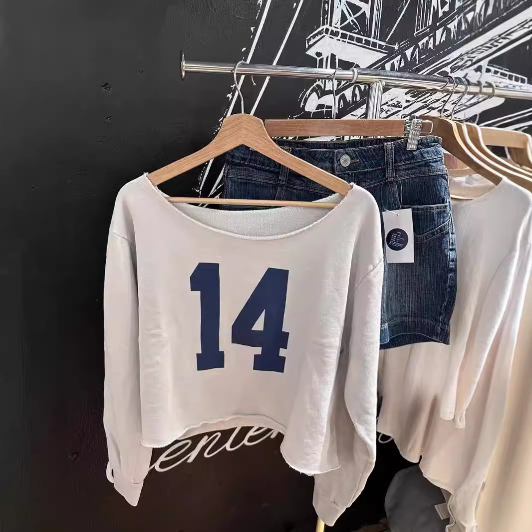 New 14 Autumn Sweatshirt Female Edge Curl Y2k Streetwear Short Top Large Collar Long Sleeve Sportwear Retro Women Pullover 2024
