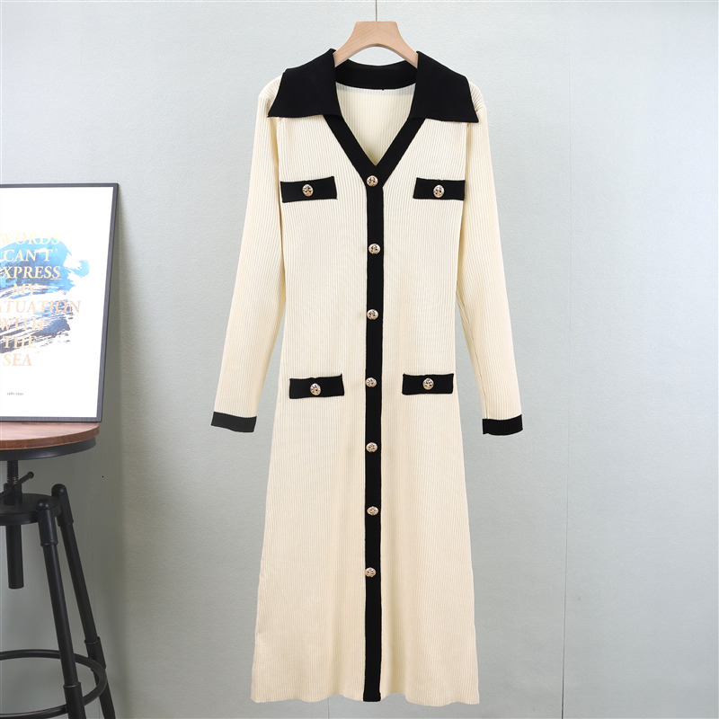 Knitting Women V-Neck Long-Sleeved Slim Elegant Casual Button Dress new France High-Quality Mid Length Skirt