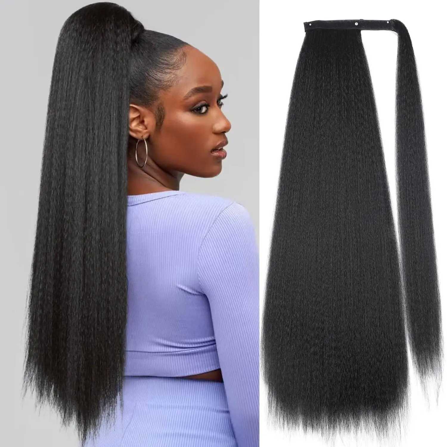 Synthetic Kinky Straight Ponytail Extension for Black Women 24 Long Yaki Wrap Around Magic Paste Ponytail Extension HairpieceXJ241221