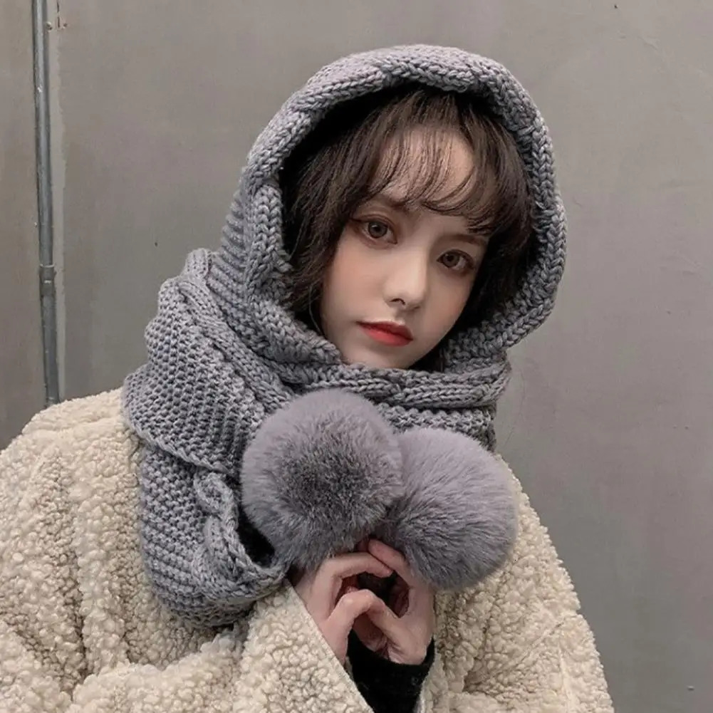 Twist Trim Knitted Scarf Hat Women Novelty Beanies Caps Plush Balls Decor Scarf Hat Casual Plush Hat Windproof Women Winter Caps 241214