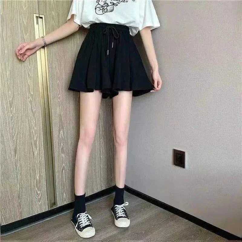 5 Sizes Summer Shorts Skirts Women Elastic High Waist Casual Wide Leg Shorts Korean A Line Loose Mini Skirt Black Short PantsXJ241221