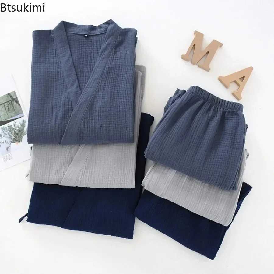 2025 mens cotton pajamas loose bathroom V-neck kimono pajamas one-third set lace top+mens casual pants set W241221