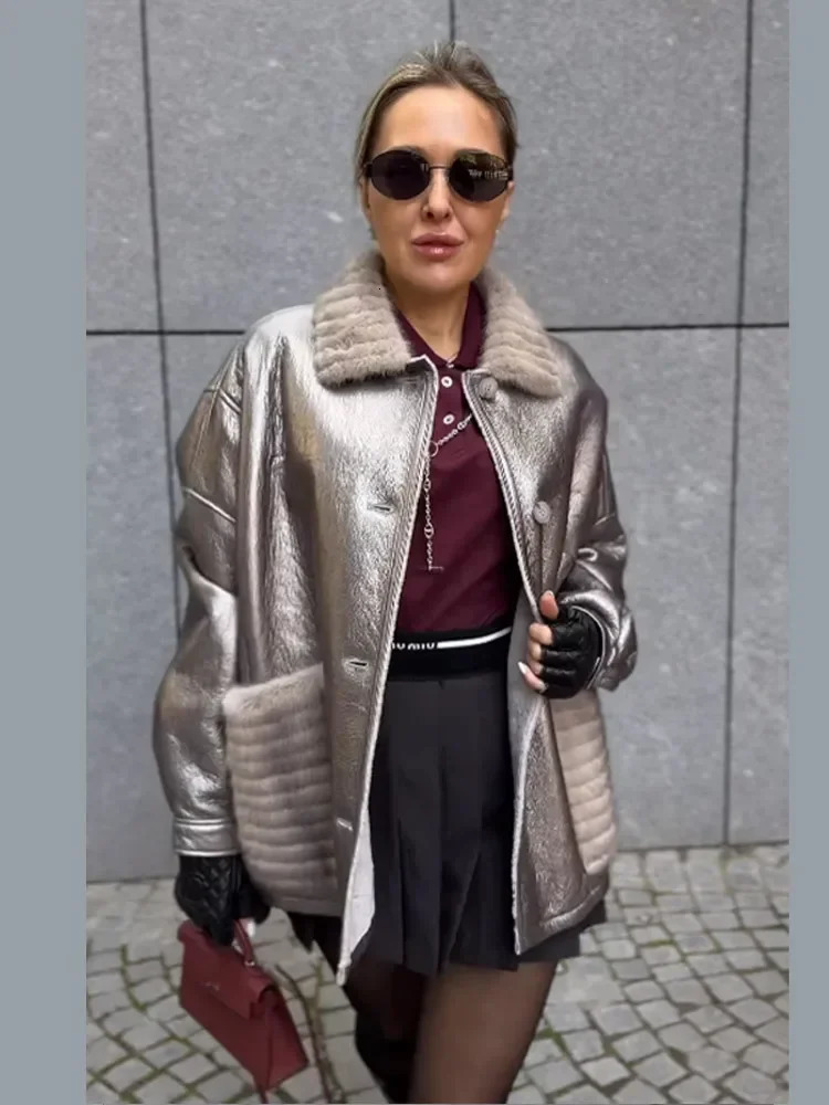 Silver Fur Leather Patchwork Lapel Coat Women Single Breasted Pockets Long Sleeve Jackets Chic Female Streetwear 241216