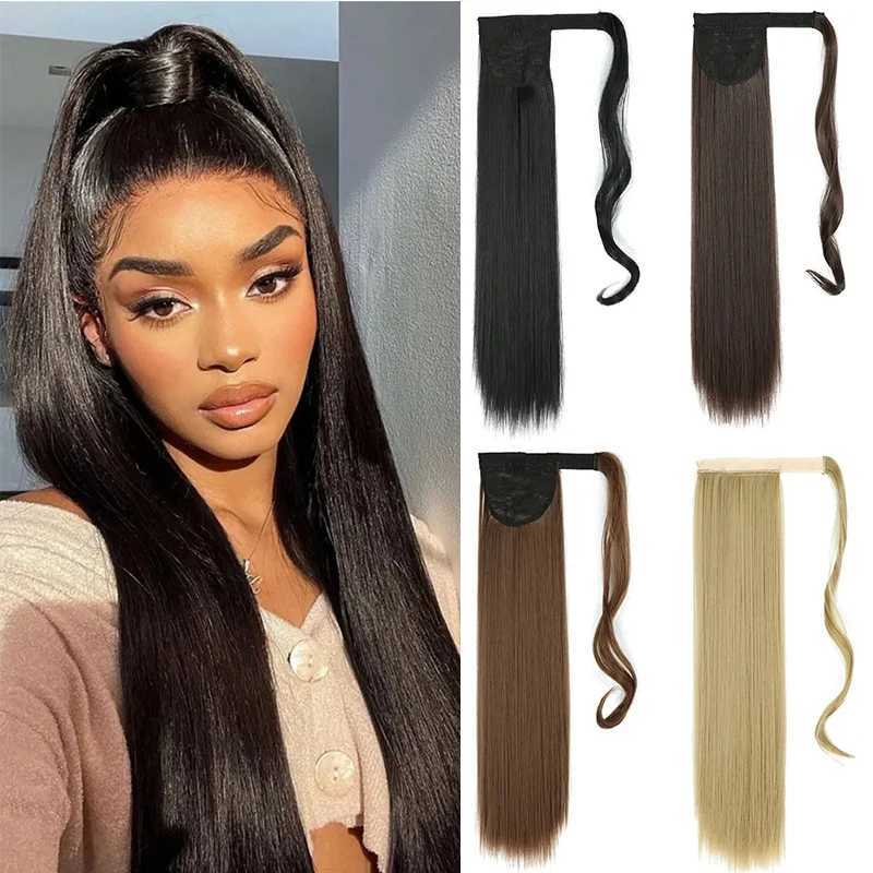 My-Diva Synthetic Long Straight Ponytail Clip In Hair Extensions 22 34 Wrap Around Heat Resistant Pony Hairpiece For WomenXJ241221