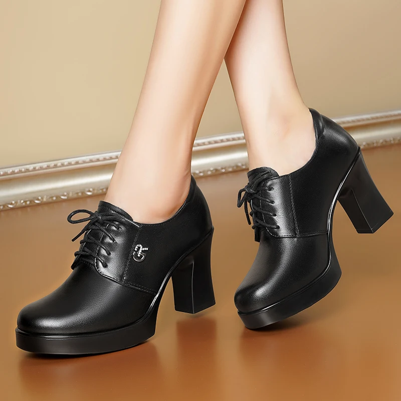 AIYUQI Women High Heels Shoes Fall Genuin Leather Plus Size Women Dress Shoes Lace-up Women Shoes