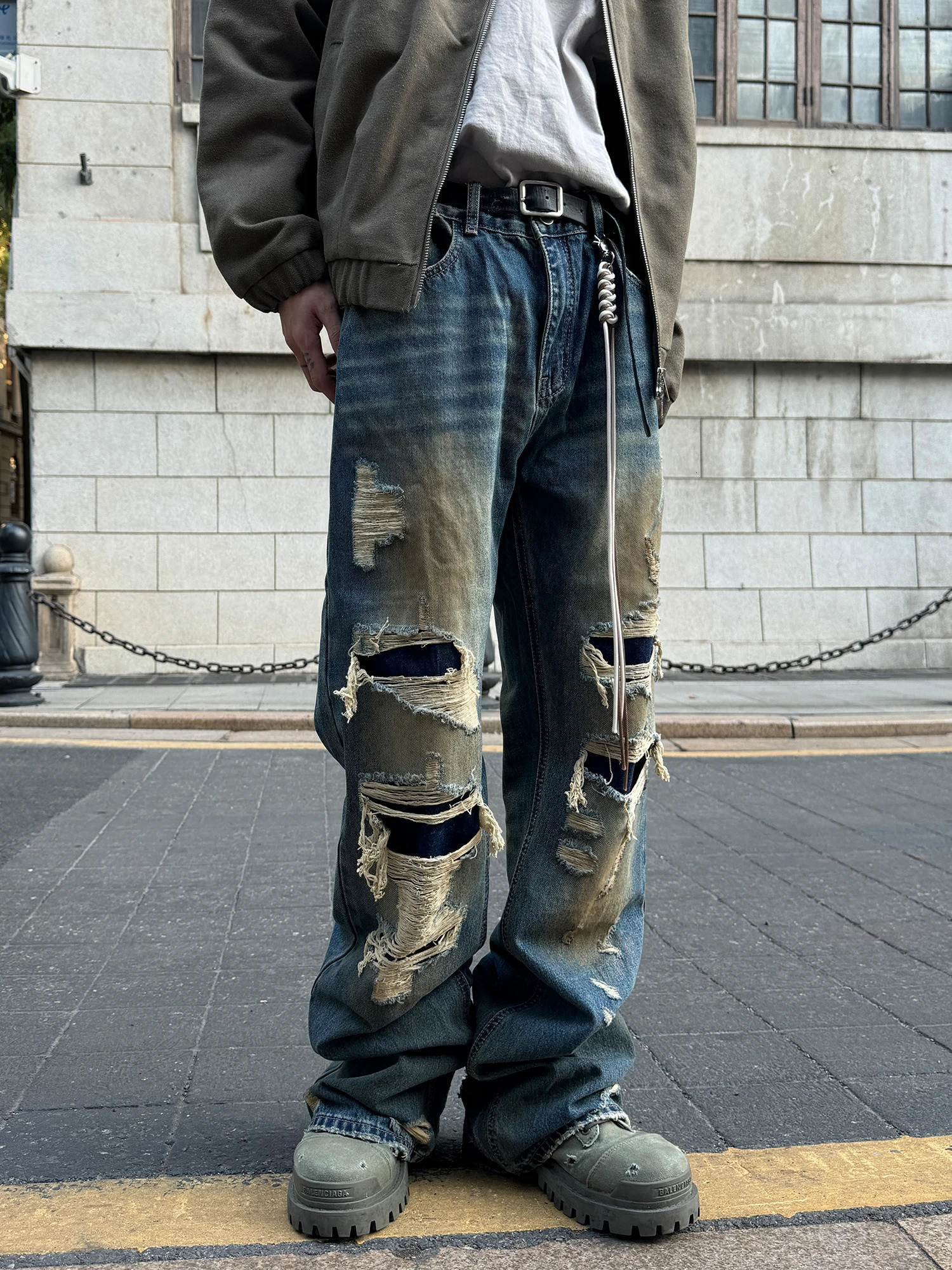Uncledonjm Vintage Blue Yellow Mud Washed Ripped Jeans Street Wear Men Damaged Fringed 241218