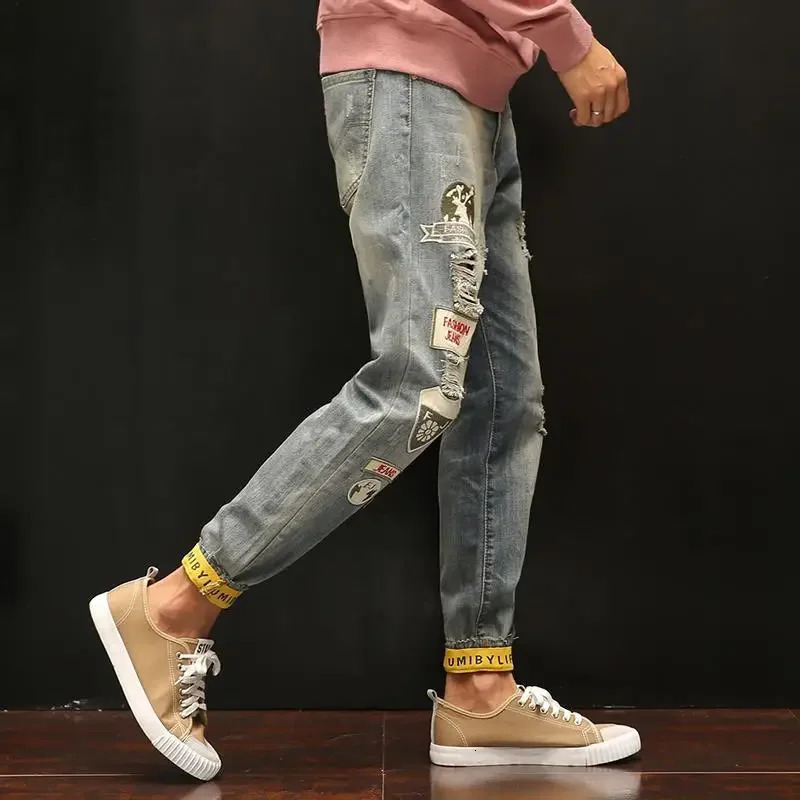 Male Cowboy Pants Torn Harem Ripped Jeans for Men Cargo Cropped Trousers with Holes Broken Classic Grunge Y2k Xs Regular Summer 241218
