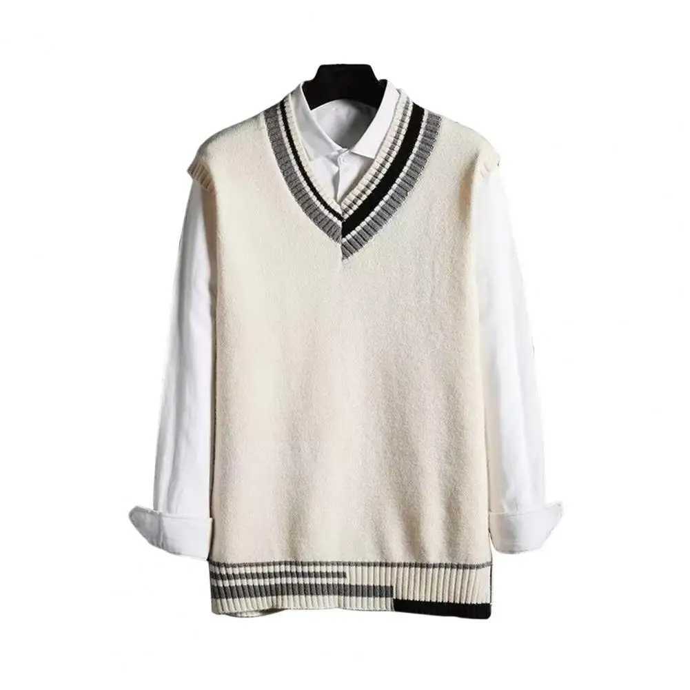 Sweater Vest Men Thicken V-neck Sleeveless Knitted Sweaters Vests Striped Retro Preppy-style Simple Chic Loose CasualXJ241221