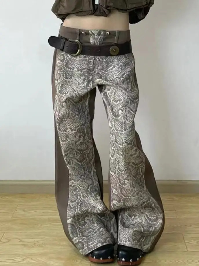 American Retro Spice Washed Snake Print Stitching Baggy High-Waisted Jeans Y2K Harajuku Hip Hop Goth Casual Joker Mop Pants 241220