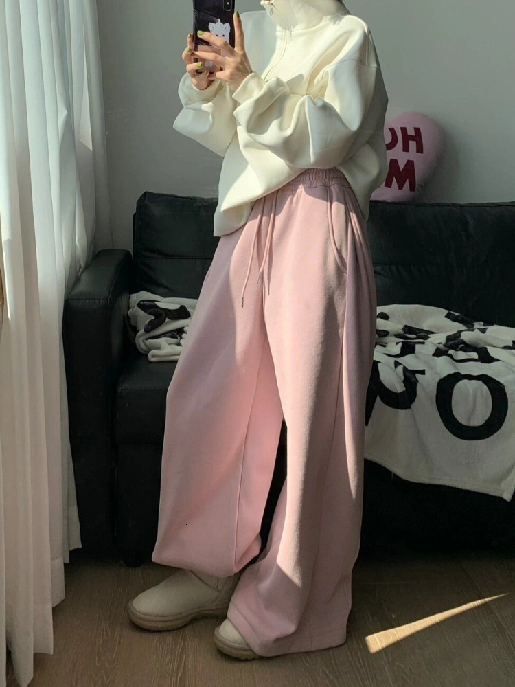 Y2k Vintage Baggy Warm Sweatpants Pink Thick Korean Fashion Oversized Pants Haruku Streetwear Trousers Winter Autumn