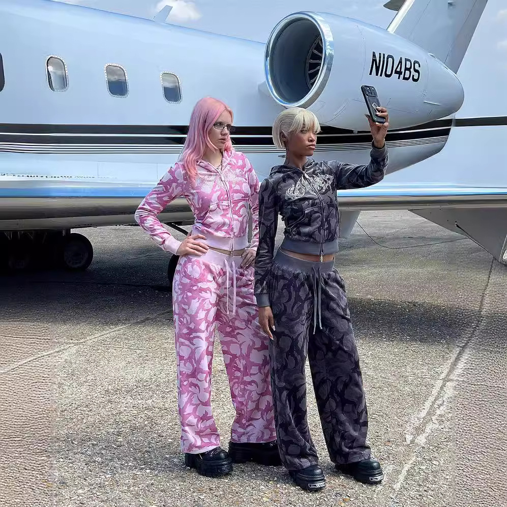 Hiphop Rhinestones Sets Womens 2 Piece Streetwear Autumn Women's Slothes Zipper Hoodie Women 2 Piece Set Outfit