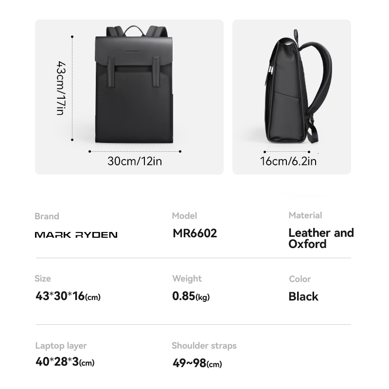 Mark Ryden Classic Work Black Leather Backpack 15.6 Inch Laptop Waterproof Bag School Bags Business Bacbackpack For Men