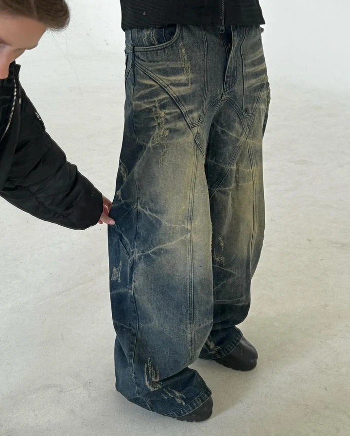 Vintage Washed Jeans Y2K Clothes Mens Womens Retro Ripped Torn Baggy Punk Rock Low Waist Wide Leg Trousers Streetwear 241218