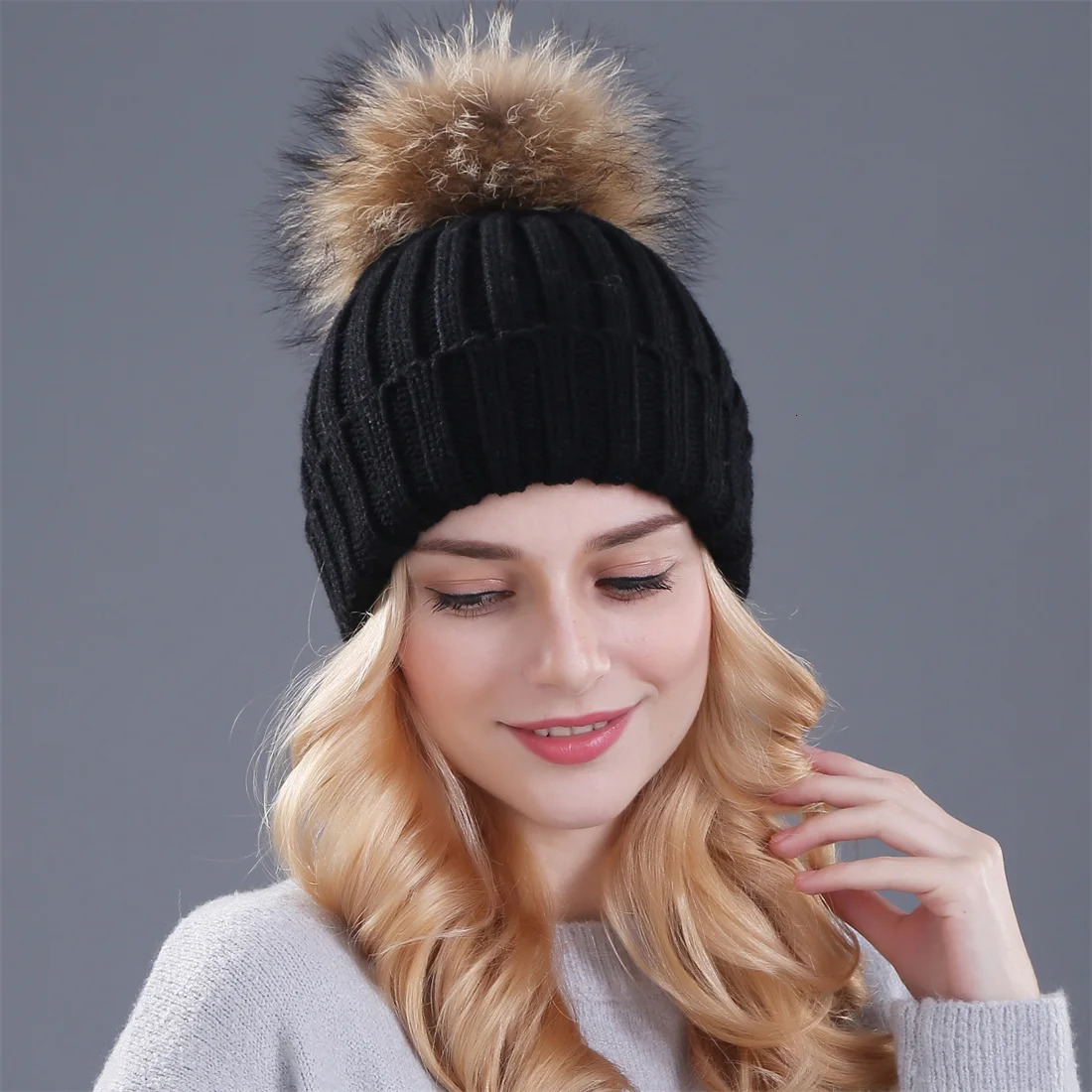 Xthree Real Fur Pom Poms Knitted Winter Hat for Women Hat Beanies Skullies Thick Female Cap Skullies Beanies 241214