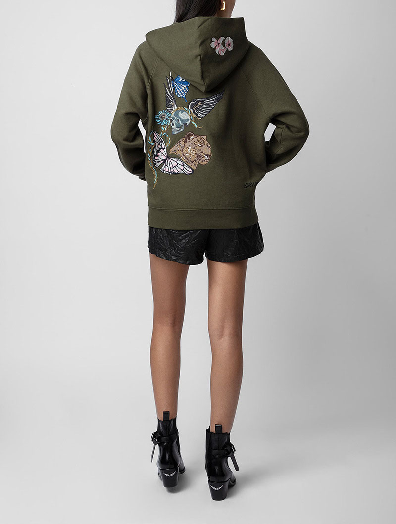 Army Green Hoodie Women's Long Sleeve Letter Print Wers Skull Wings Embroidery Pocket Fleece Pullover Sweatshirt