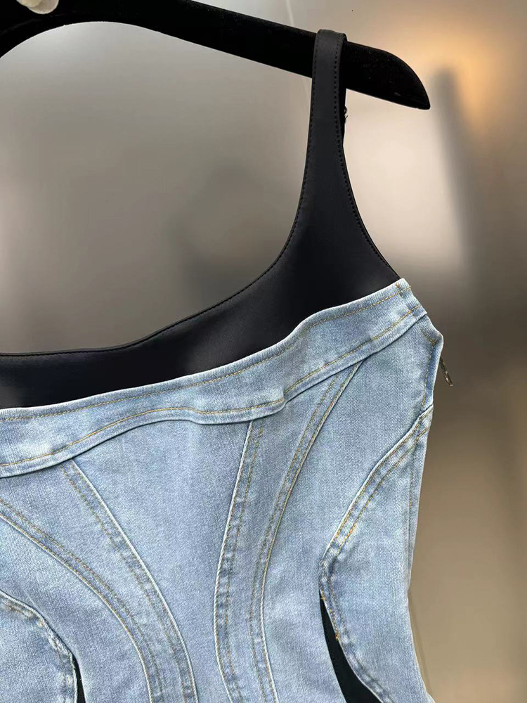 DEAT New Fashion Women's Patchwork Elastic Denim Sg Dress 2024 Spring Trendy Sleeveless Wrap Hip Dresses Female 11Xx8995