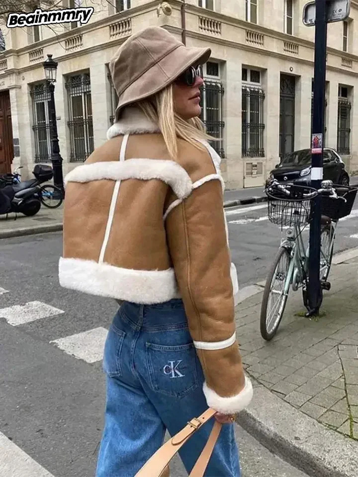Women Solid Lamb Wool Leather Patchwork Jacket Fashion Lapel Long Sleeve Pocket Short Coat Autumn Winter Lady Warm Outerwear 241216