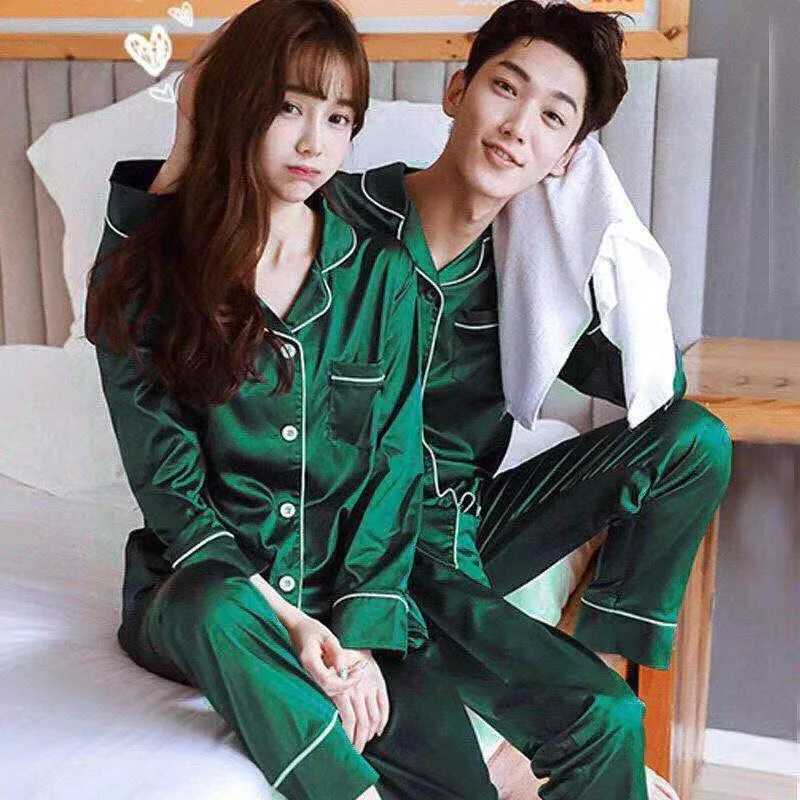 Sleepwear couple silk satin solid color sleepwear set long button down sleepwear plus size home clothing sleepwear womens casual sleepwear W241221