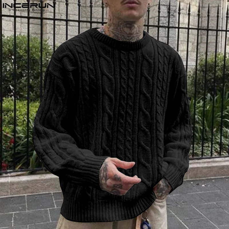 INCERUN Men Pullovers Year Autumn Winter Fashion Round Neck Long Sleeve Woolen Knitted Warm Sweaters Textured Casual Jumper 241220