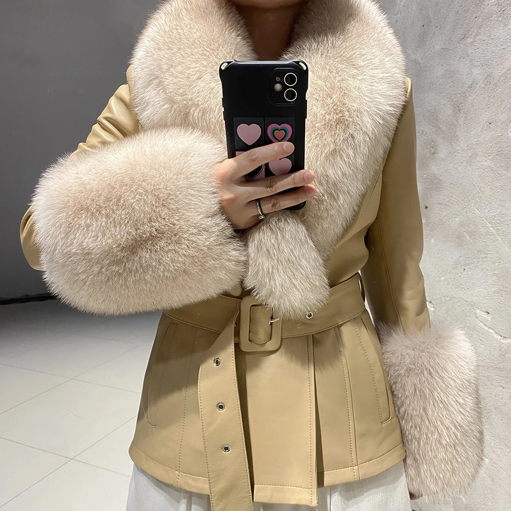 YOLOAgain Womens Real Fox Fur Collar Sheepskin Leather Jacket Coat Autumn 241216