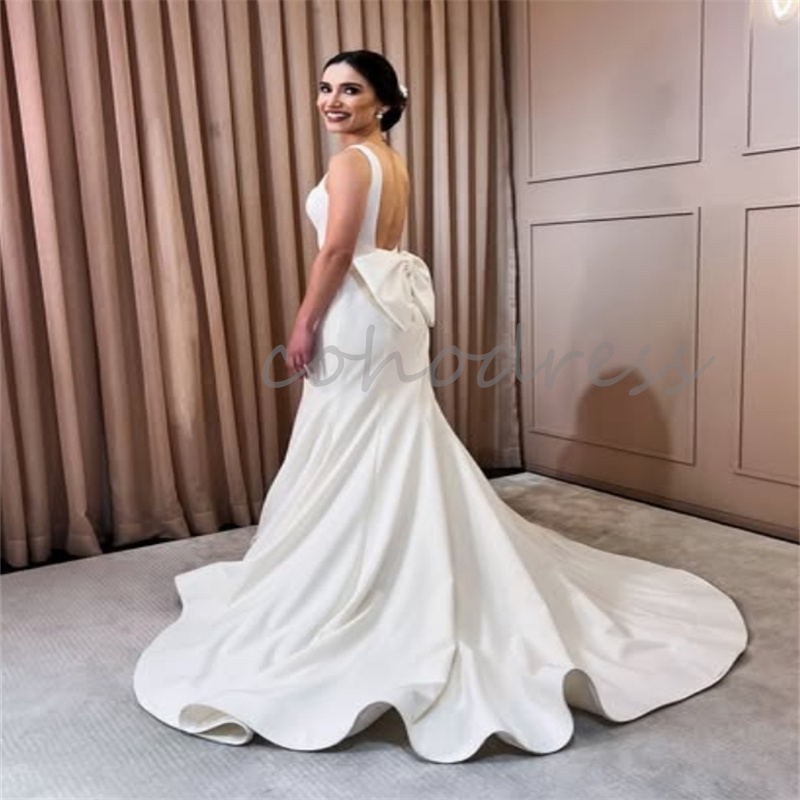 Minimalist Boho Wedding Dress Spaghetti Straps Square Satin Country Bridal Gowns Sexy Backless Bow Beach Bride Plus Size Gelinlik Vestio De Novia 2025