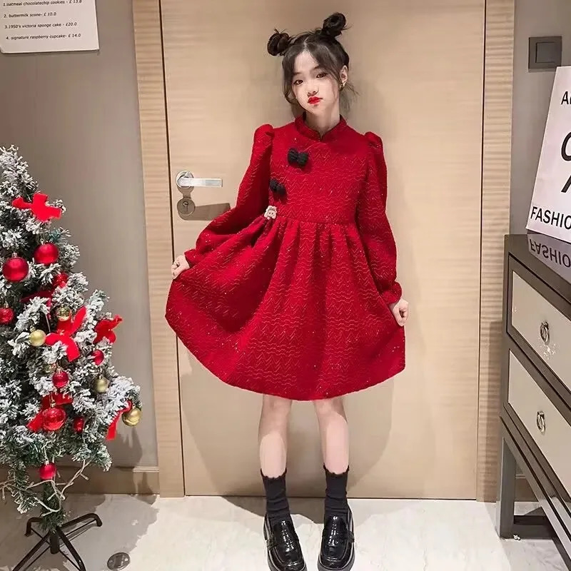 autumn winter Kids Girls solid retro red Cheongsam Qipao Princess Teens Year Dresses wool velvet Clothes 8 10 12 year 241220