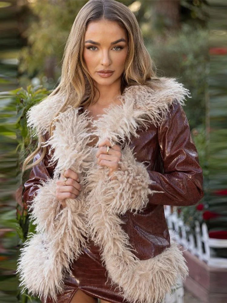 Fashion Brown Faux Fur Patchwork Leather Glossy Coat Female Chic Long Sleeves Thick Warm Jacket Winter High Street Outwear 241216