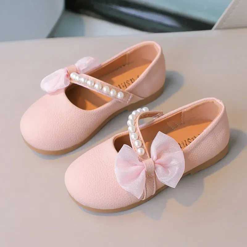 Sneakers Kids Mary Janes Shoes for Party Wedding Children Elegant Princess Shoes with Bow-knot Girls Pearls Flats Leather Shoes Round-toe H241221