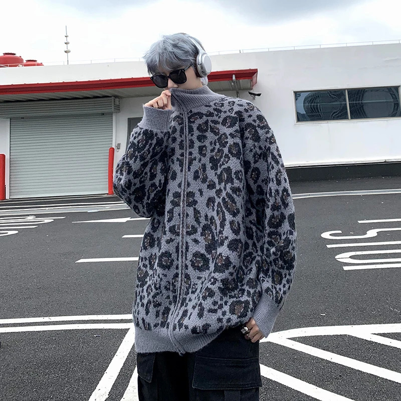Fall Retro Leopard Knit Cardigan Sweater Mens Jacket Korean Streetwear Zipper Long Sleeve Knitwear Unisex Outwear 241220