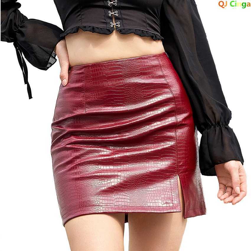 2025 Spring/summer Red Crocodile Pattern PU Skirt Ladies Slit Skirt Slim Stretch Leather Skirts White Brown Black GreenXJ241221