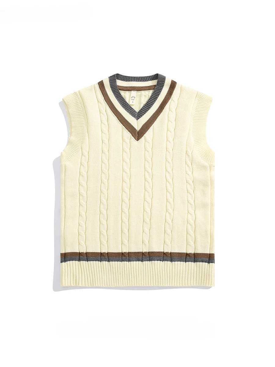 Mens British Retro College Style Color Block V-neck Sleeveless Knitted Vests Autumn Winter Versatile Layered Sweater WaistcoatXJ241221
