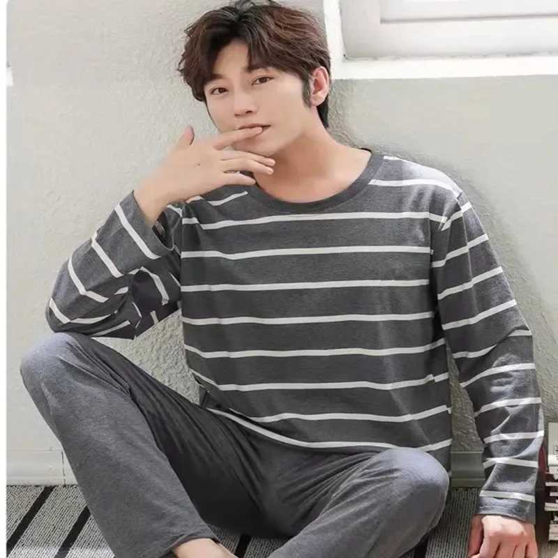 Mens long sleeved cotton autumn and winter pajamas can be worn over casual plus gray striped pajamas W241221
