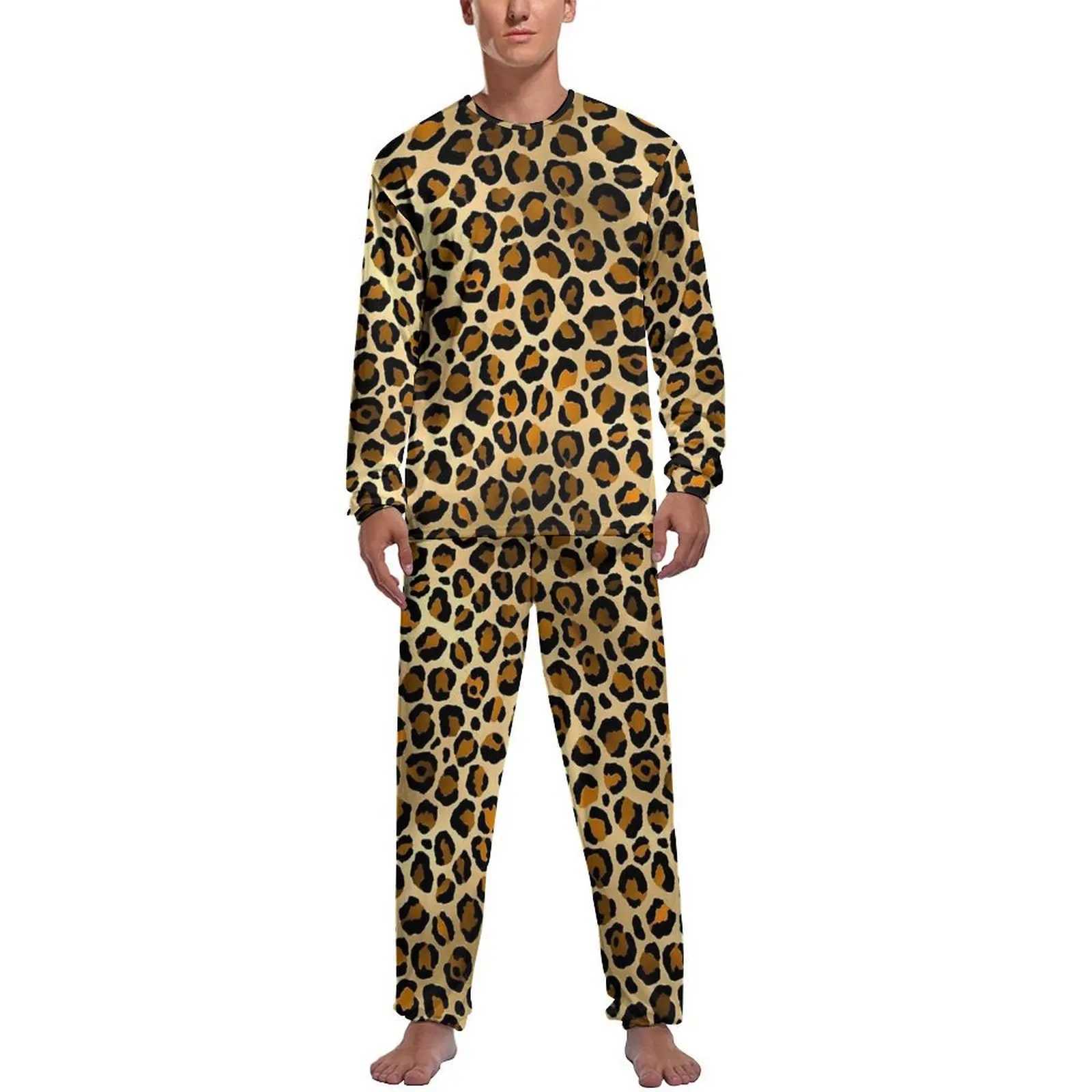 Orange leopard print pajamas for spring casual sleepwear mens 2-piece patterned long sleeved fashionable sleepwear set W241221