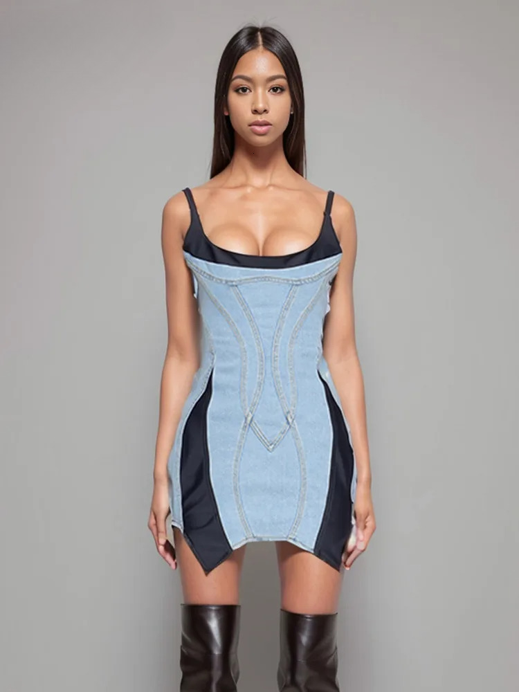 DEAT New Fashion Women's Patchwork Elastic Denim Sg Dress 2024 Spring Trendy Sleeveless Wrap Hip Dresses Female 11Xx8995