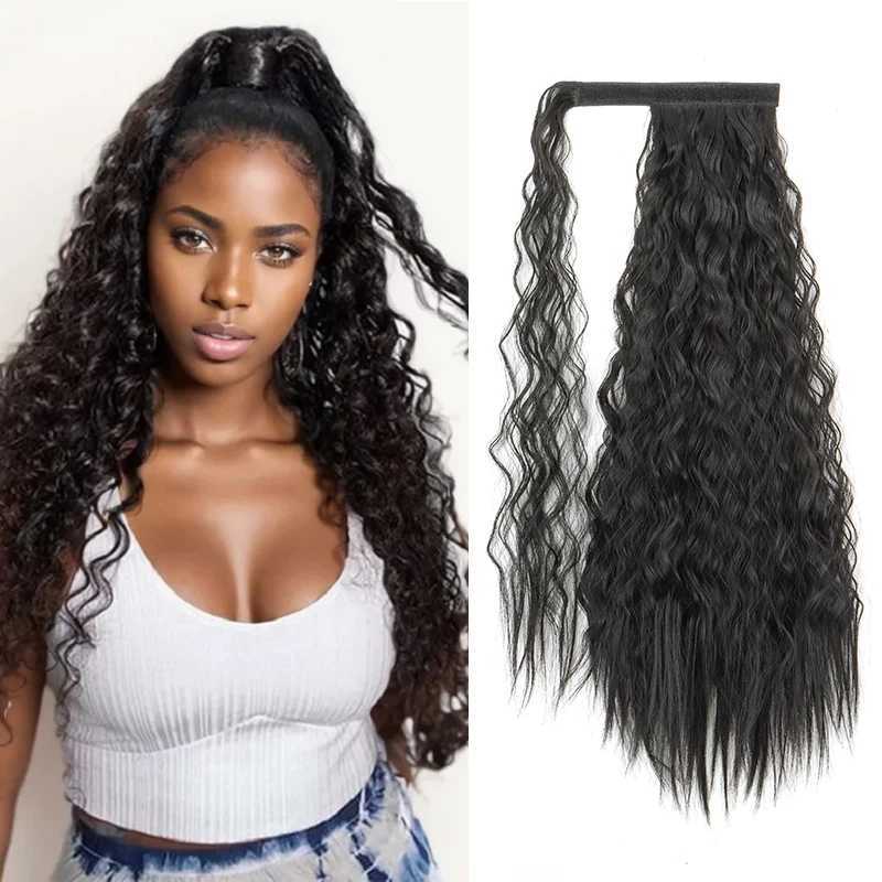 24Inch Synthetic Long Kinky Curly Ponytail Wrap Around Clip in Hair Extension Black Brown Hairpiece for WomenXJ241221