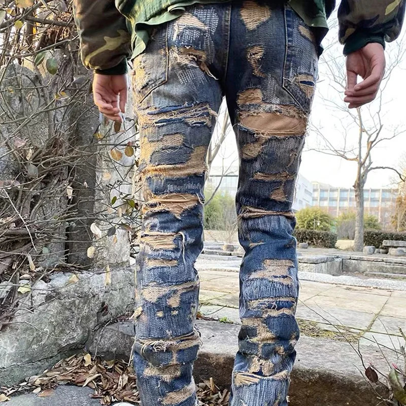 High Street Hole Distressed Ripped Straight Baggy Jeans for Men Washed Patchwork Casual Cargo Pants Oversized Denim Trousers 241218