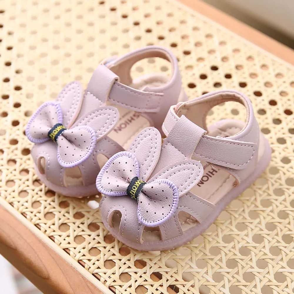 Sneakers PU Leather Summer Sandals For Kids Cute Bow Soft-soled Toddler Shoes Travel Outdoor Beach Sandals For Girls Princess Footwear H241221