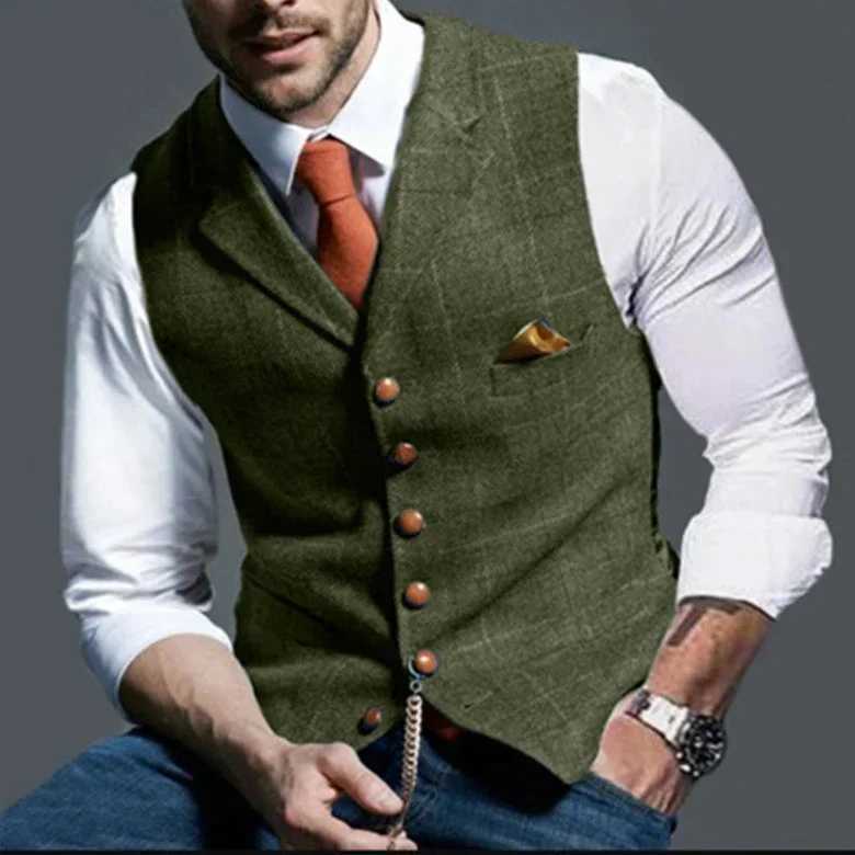 Mens Casual Classic Suit Vest Retro Herringbone Lapel Cotton Blended Tweed Slim Business Commuter Suit Lined Vest S-3XLXJ241221