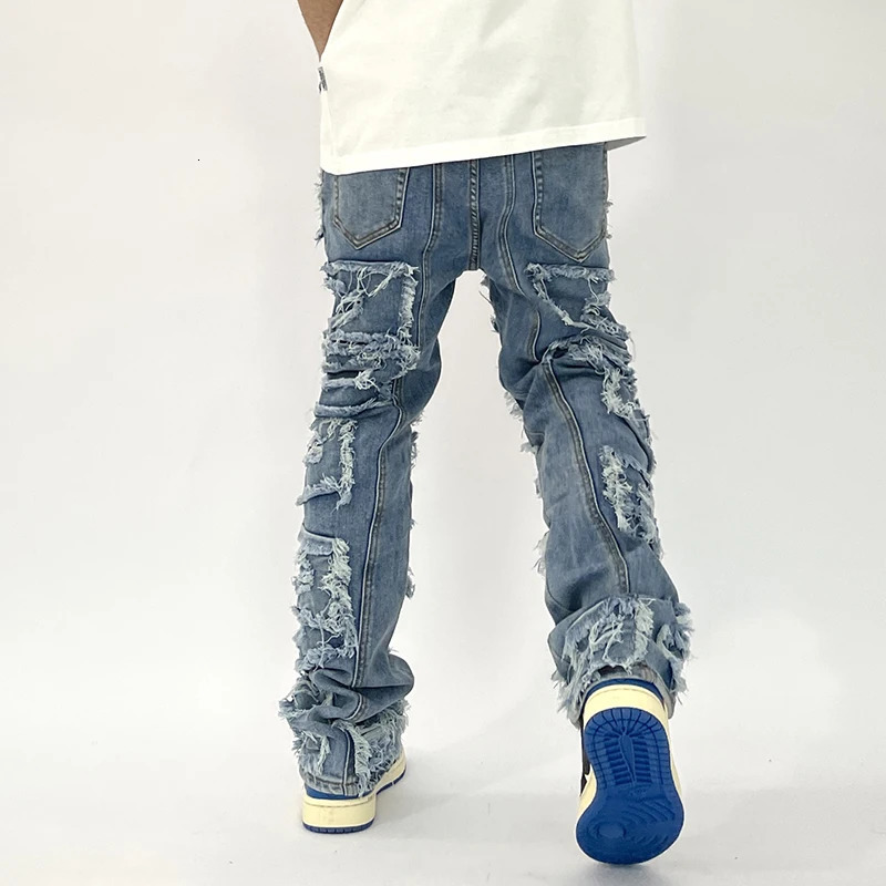 Retro Jeans for Men Straight Washed Hole Ripped Distressed Harajuku Hip Hop Loose Denim Trousers Vibe Style Casual Jean Pants 241218