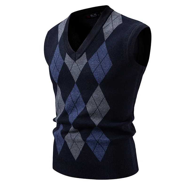 Autumn and Winter New Knitted Vest V-neck Diamond Grid Pullover Sweater Vest Mens SweatersXJ241221