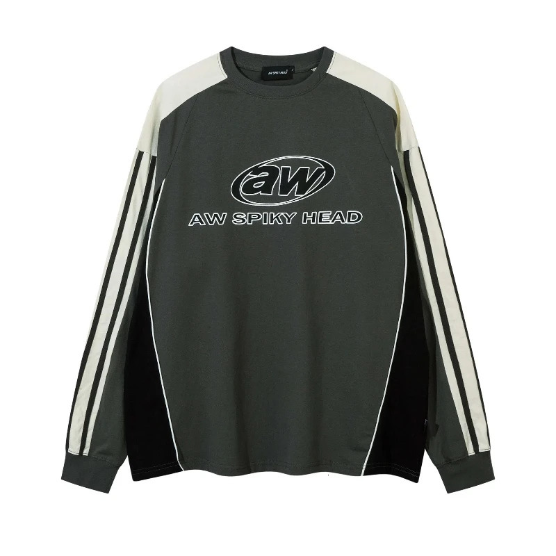 Spring Autumn Long Sleeve T Shirt Men Hip Hop Streetwear Oversized Women Retro Side Striped Round Neck Sweatshirt 241217