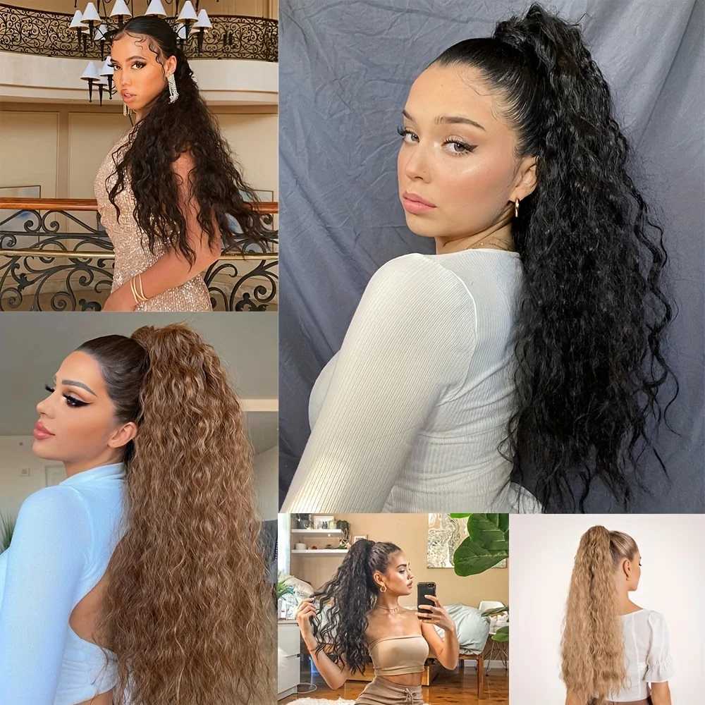 22inch Corn Wave Ponytail Extension Clip in Long Wavy Curly Wrap Around Pony Tail Heat Resistant Synthetic Hairpiece for WomenXJ241221
