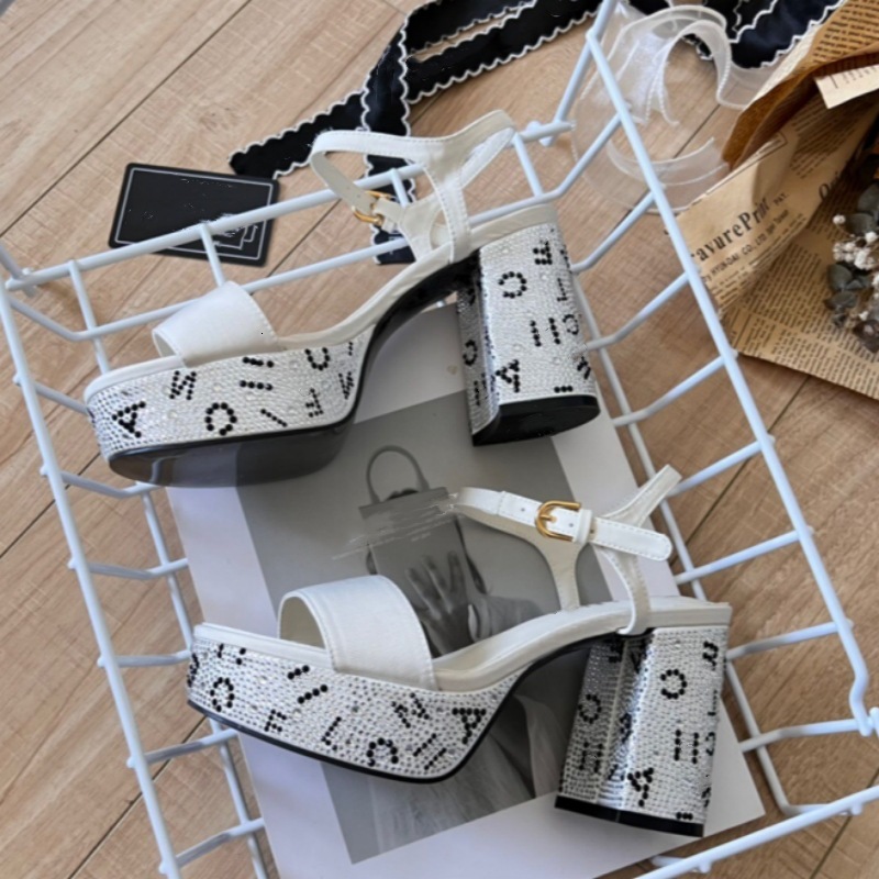 2024 New Open Toe Rhinestone Letter Thick Heel Straight Buckle Sexy High-Heeled Sandals With High Waterproof Platform