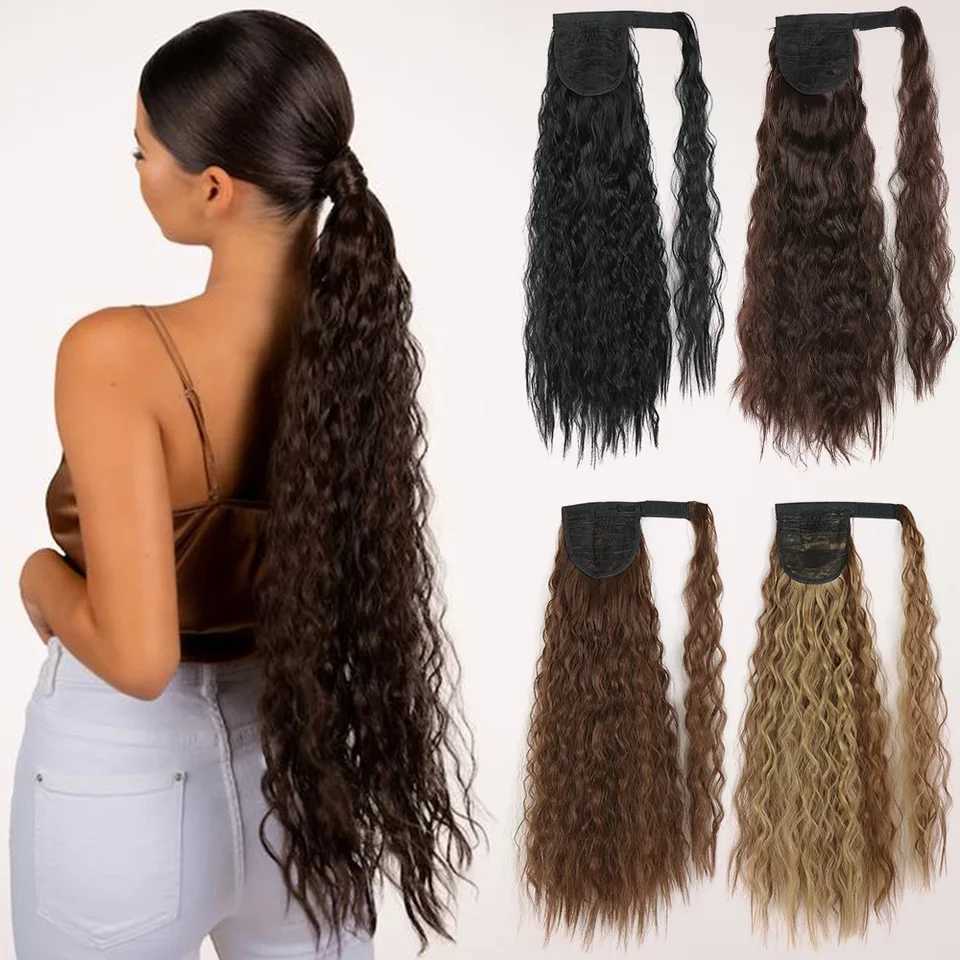 22Inch Synthetic Long Corn Wavy Ponytail Hairpiece Wrap On Hair Clip Ombre Brown Blonde Hair Extensions Pony Tail HairstyleXJ241221