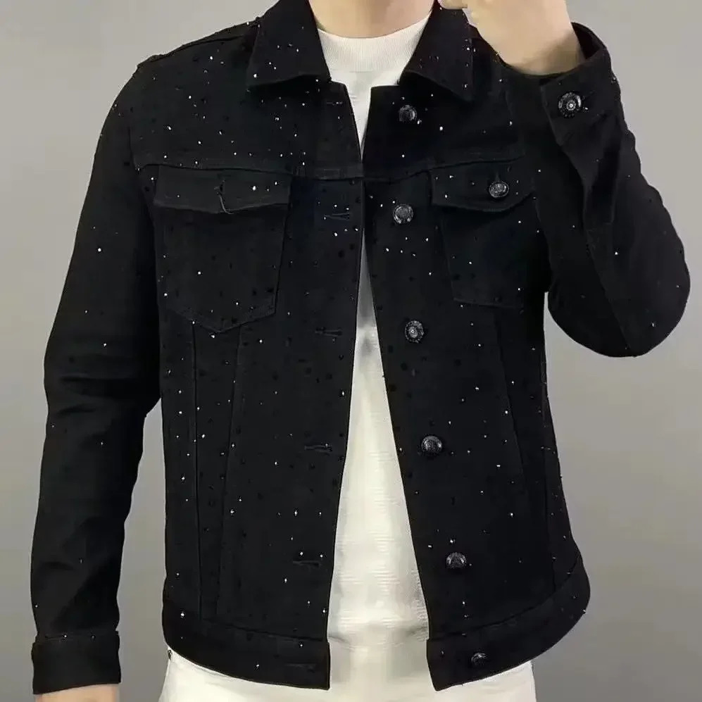 Jeans Coat For Men Button Casual Slim Short Denim Jackets Man Diamond Black Japanese Loose Chic Elegant Low Cost Rock Y2k Korea 241217